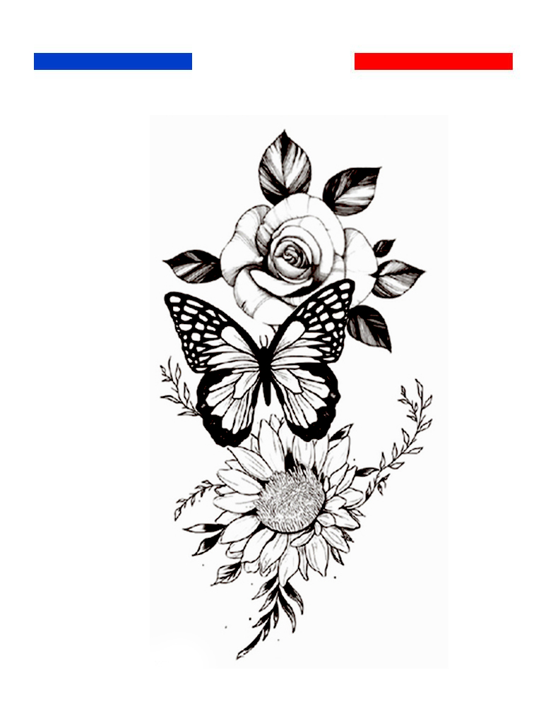 Tatouage fleurs et papillon noir et blanc