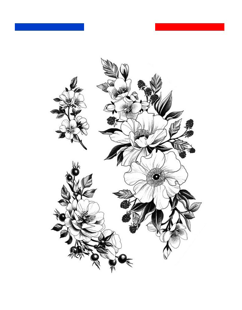 Tatouage composition fleurs noir et blanc