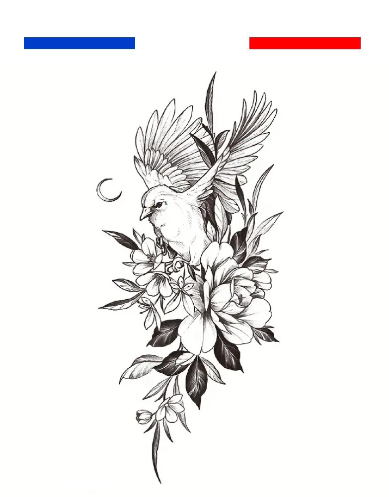 Tatouage oiseau et fleurs en noir et blanc